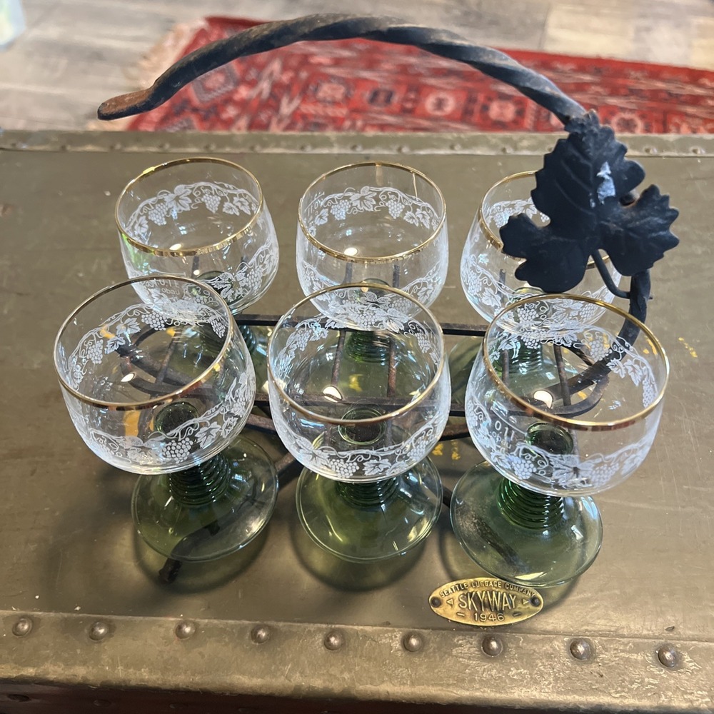 Vintage German OBAU Roemer Wine Glasses Set of 6 w/ Stand 0.1L Gold Trim